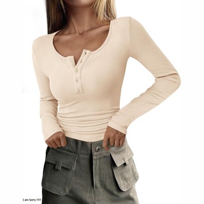 Women's Slim Fit Ribbed Knit Long Sleeve Button Henley T Shirts Casual Basic Tops Blouse