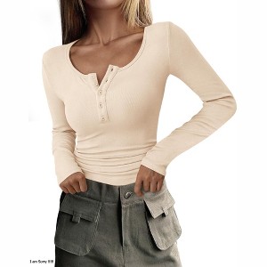 Women's Slim Fit Ribbed Knit Long Sleeve Button Henley T Shirts Casual Basic Tops Blouse - 1 of 4