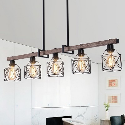 28" Farmhouse Chandelier with 5 Lights, Metal Frame, Faux Wood Beam, Geometric Shades, Adjustable Height for Dining, Kitchen, or Lounge