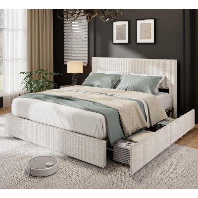 Bed Frame with Tall Tufted Wingback Headboard, Velvet Upholstered Platform Bed with 4 Storage Drawers, No Box Spring Needed