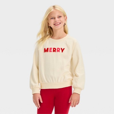 Girls' Crew Neck French Terry Pullover Sweatshirt - Cat & Jack™ Off-White M