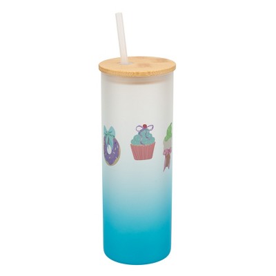 Elanze Designs 25 Ounce Frosted Glass Gradient Travel Tumbler With Straw and Wooden Lid, Pastel Dessert Sky Blue