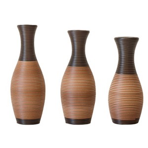 Gulches Set of 3 designer floor vases, large vases for home decor flooring, artificial rattan floor vases for living room, corridors, Brown - 1 of 4