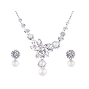 Anna-Kaci Women's Floral Statement Necklace and Earring Set with Amber Crystal Accents, Adjustable Chain, Elegant and Bold Design - Flower - 1 of 4