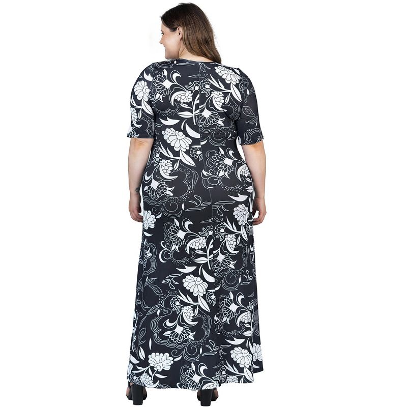 24seven Comfort Apparel Plus Size  Black and White Elbow Sleeve Casual A Line Maxi Dress, 3 of 7