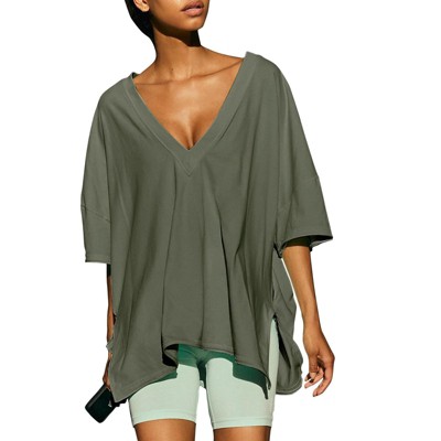 EXLURA Women's Casual Oversized V Neck T-Shirts Tops Reversible Athletic Workout Crew Neck Fashion Trendy Tee