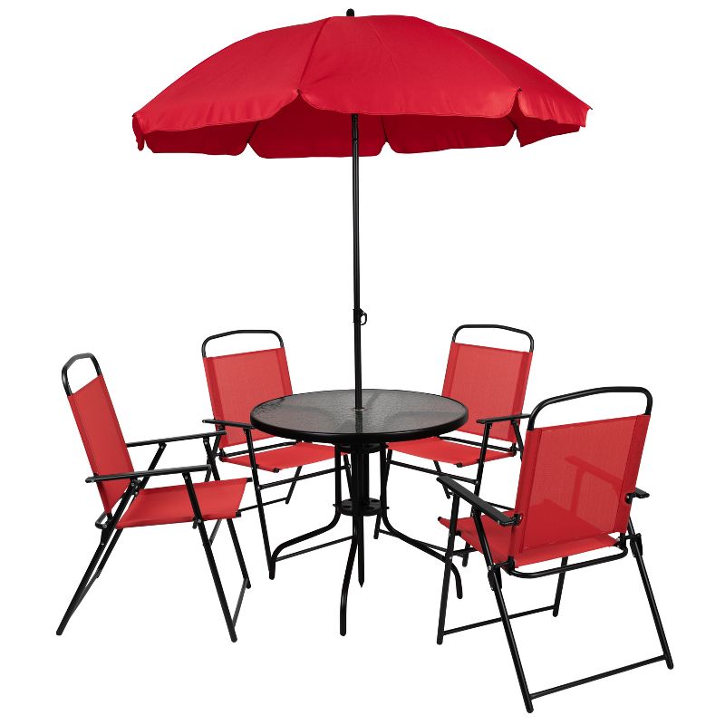Flash Furniture Nantucket 6 Piece Patio Garden Set with Table, Umbrella and 4 Folding Chairs, 1 of 13