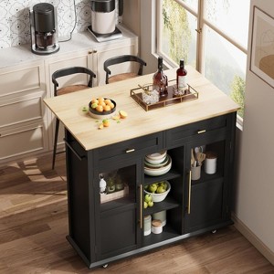 Homhougo Mobile Kitchen Island Car with Wheels, 2 Glass Doors, Spice Rack & Towel Holder Kitchen Island Cart with Trash Storage Cabinet - 1 of 4