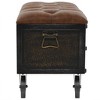 vidaXL Solid Fir Wood Storage Bench with Castors- Traveling Trunk Design - Retro Style - Brown, Faux Leather Upholstered Seat - 3 of 4