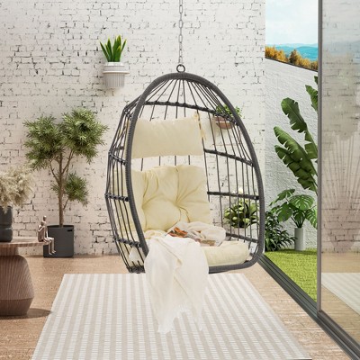 CAVINAS Egg Rattan Outdoor Swing Chair,Wooden Porch Swing for Farmhouse, Courtyard,Balcony,100% Hand Woven