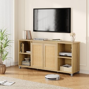 70" Boho TV Stand, Entertainment Center with Rattan Cabinet Doors, 4 Open Shelves & 2 Storage Cabinets, Mid-Century Modern TV Stands for Living Room - 1 of 4