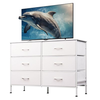 Wide Dresser with 6 Drawers, Fabric TV Stand for 50 Inch TV, Metal Frame, Wooden Top, Fabric Storage Dresser for Bedroom, Hallway, Entryway,