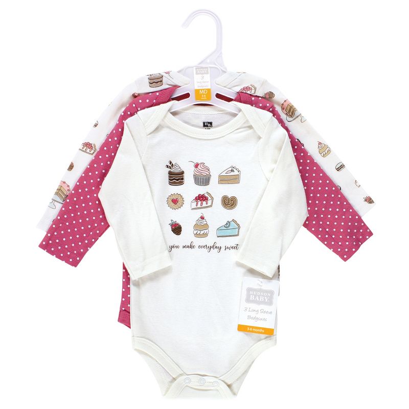 Hudson Baby Infant Girl Cotton Long-Sleeve Bodysuits, Sweet Bakery 3-Pack, 3 of 7