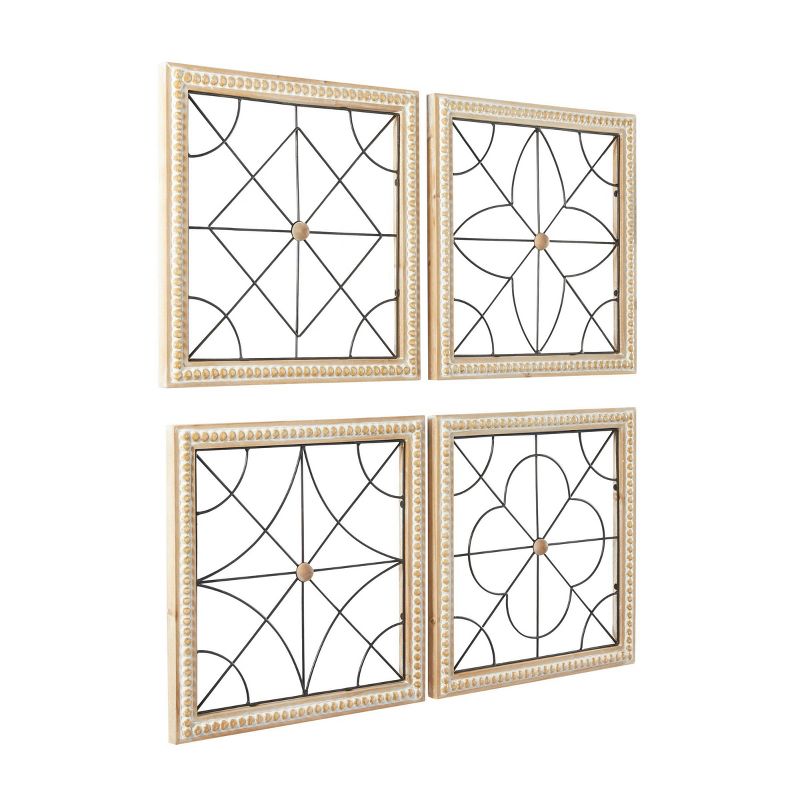 Set of 4 Wood Geometric Carved Beading Wall Decors with Metal Wire Brown - Olivia &#38; May, 4 of 6