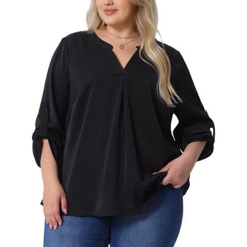 Agnes Orinda Women's Plus Size Chiffon Pleated Back V Neck Long Sleeve Rolled Up Dressy Casual Blouses - image 1 of 4