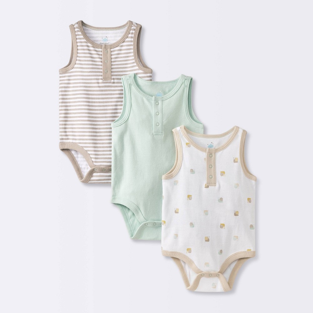 Baby 3pk Sleeveless Henley Bodysuit - Cloud Island™ Mint 24M: Cotton, Stripe & Snail Patterns, Crotch Snap Closure
