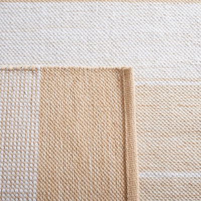 Hand-Woven Ivory and Gold Striped Kilim Wool-Cotton Rug