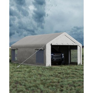 13x25 Ft Carport with 4 Windows, Car Port with 220g PE Tarp, 10 Sandbags,2 Roll-Up Doors for Full-Size Pickups, Bass Boats, Tractors, and SUVs - 1 of 4
