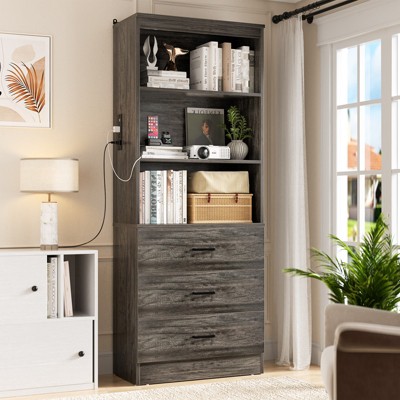 Aheaplus 6-Tier Tall Cabinet with USB Ports and Outlets, Storage Cabinet with Drawers and Open Shelves