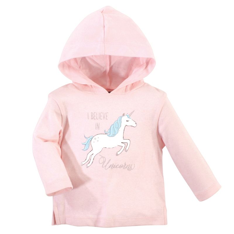 Hudson Baby Infant and Toddler Girl Cotton Hoodie, Bodysuit or Tee Top and Pant Set, Glitter Unicorn Baby, 3 of 6