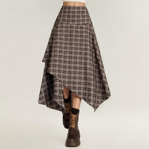 Anna-Kaci Women's Asymmetrical Plaid Midi Skirt with Layered Handkerchief Hem - 1 of 4