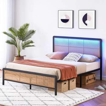Rattan Platform Bed Frame Full Queen Size with Headboard, Modern Style Cane Boho Bed Frames with Heavy Duty Steel Slat Support, No Box Spring Needed