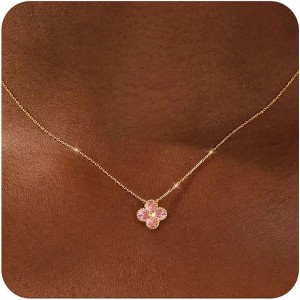 Non Tarnish 14K Gold Plated Four Leaf Clover Necklace Trendy CZ Emerald Pendant Necklace Jewelry - 1 of 4