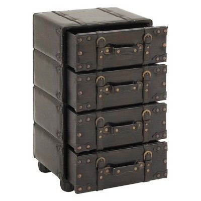 Black Vintage Faux Leather 4 Drawer Chest with Buckle Straps and Gold Studs
