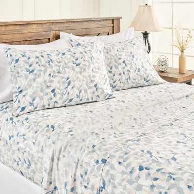 Queen Blue Botanical Organic Cotton Satin Sheet Set