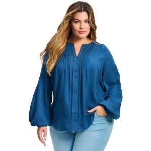 Avenue Women's Plus Size Gabby Embroidered Pintuck Shirt - 1 of 4