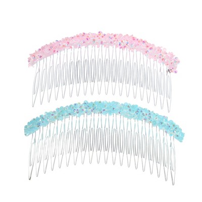 Unique Bargains Women's Rhinestone Side Hair Combs Pink Blue 2 Pcs