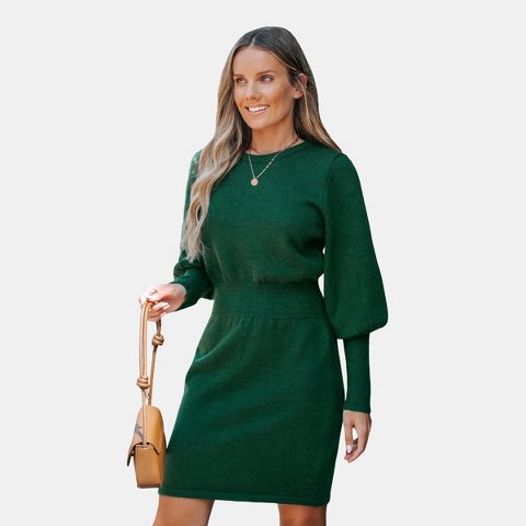 Женские платья Cupshe Women's Cozy Emerald Green Knit Blouson Sleeve Sweater Dress-L-Green