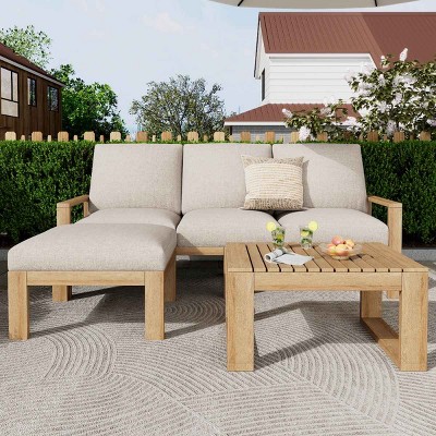 Outdoor 3 PCS Sectional Sofa Set, Sofa with Ottoman and Table for Garden, Acacia Wood Frame Sofa with Polyester Cushion-Coolbibila