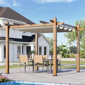 Garvee 10x10ft Outdoor Aluminum Pergola Retractable UPF50+ Waterproof Canopy, Wood Grain Frame, Tool-Free Assembly, Off-White Curtains - 1 of 4
