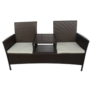vidaXL 2-Seater Garden Sofa with Built-in Tea Table, Waterproof Poly Rattan Patio Sofa in Brown with Cream-White Cushions, Lightweight and Durable - 1 of 4
