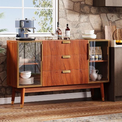 55" Brown Walnut Sideboard Buffet with Gold Metal Handles