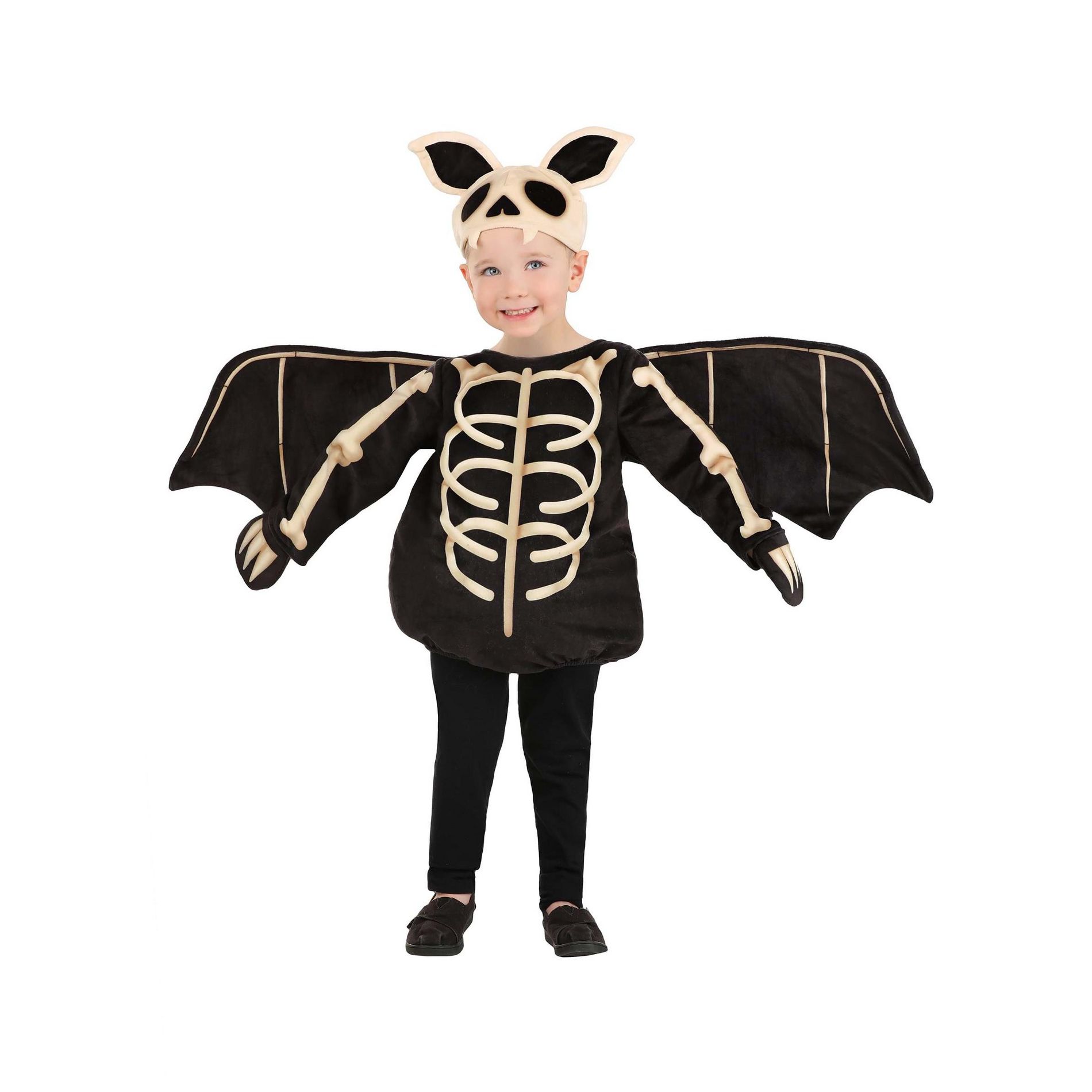 HalloweenCostumes.com Toddler Skeleton Bat Costume, Spooky Black Bodysuit with Attached Wings and Hat for Halloween