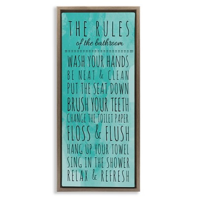 Stupell Industries Bathroom Rules on Turquoise Black Framed Floater Canvas Wall Art