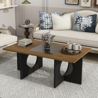 Chic Crate-Contemporary Rectangular Coffee Table with Tempered Glass Top - Dual-Tone Black & Light Espresso Wood Base, 47” for Living Room (Modern)