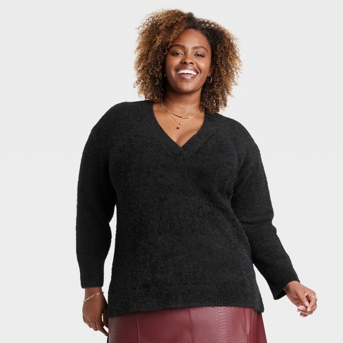 Women's Fuzzy V-neck Tunic Pullover Sweater - Ava & Viv™ Black 2x