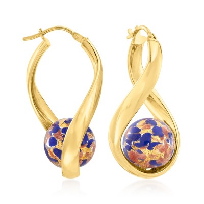 Ross-Simons Italian Blue Murano Glass Bead Twisted Hoop Earrings in 18kt Gold Over Sterling