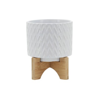Sagebrook Home Chevron Pattern Round Ceramic Planter Pot with Wooden Stand
