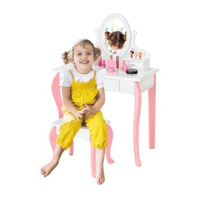 Infans Kids Vanity Princess Makeup Dressing Table Stool Set W/ Mirror Drawer White - 1 of 4