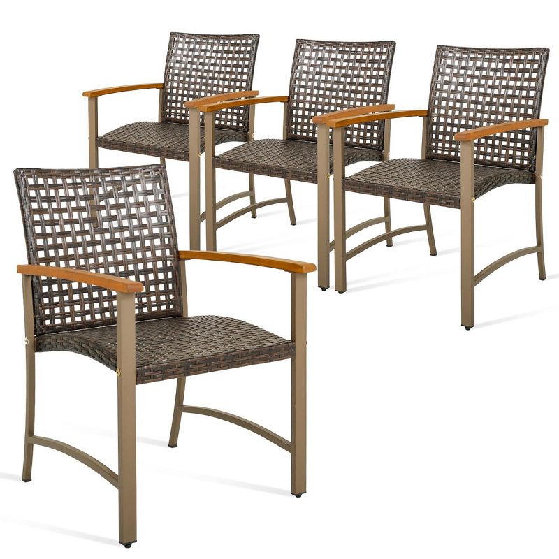 Costway Set of 4 Patio Dining Chairs Outdoor Wicker Armchairs with Acacia Wood Armrests, 1 of 9