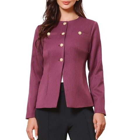 INSPIRE CHIC Women's Elegant Work Blazer Collarless Button Down Long Sleeve Peplum Jackets Purple X-Small