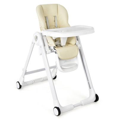 Baby Folding Convertible High Chair w/Wheel Tray Adjustable Height Recline Grey\Beige