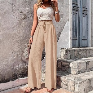 Women's Stylish Versatile Bubble Textured Wide - Leg Pants, Casual Loose - Fit Drawstring Trousers - 1 of 4