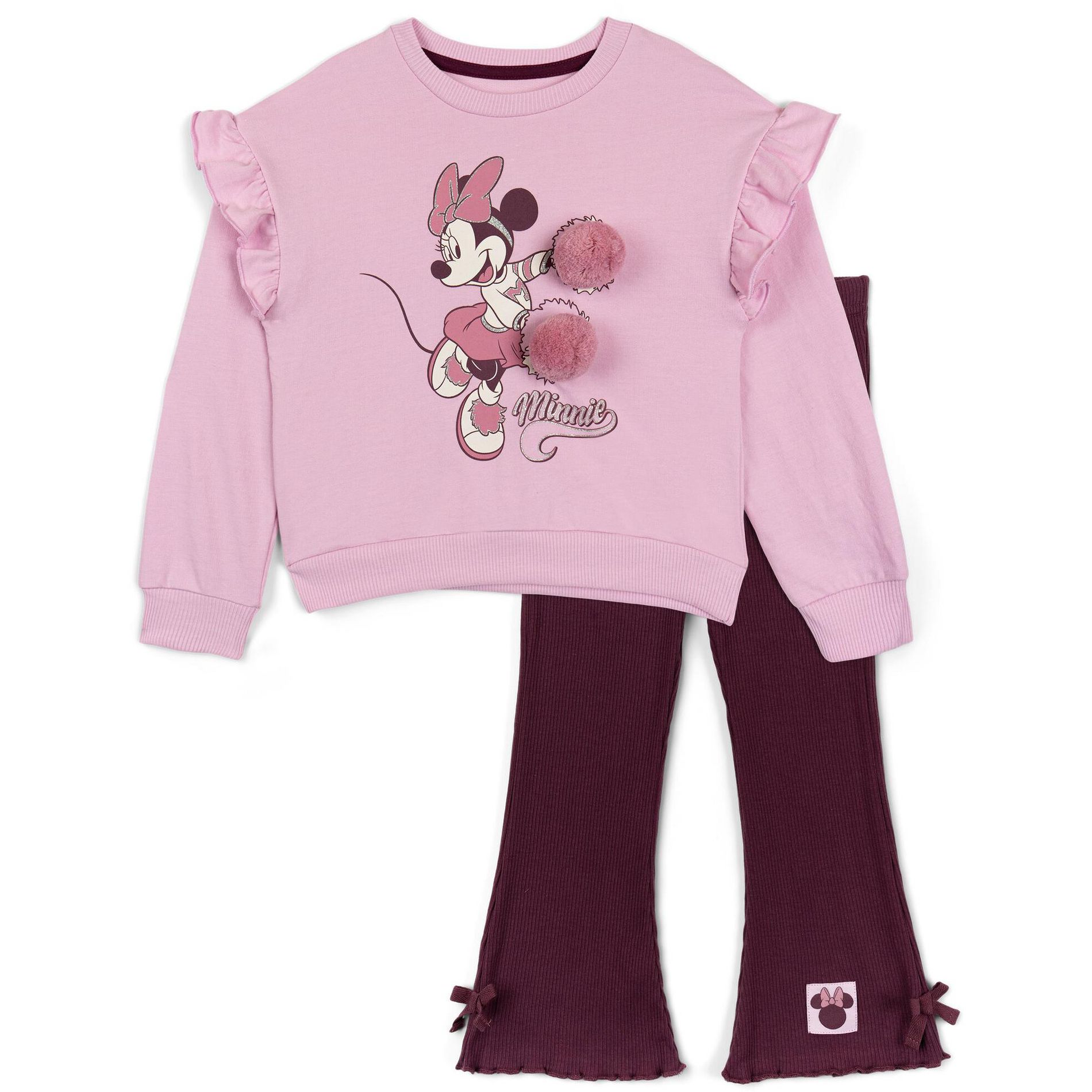 Disney Minnie Mouse Toddler Girls Fleece Drop Shoulder Pullover Sweatshirt and Ribbed Flare Leggings Outfit Set Pink / Purple 4T