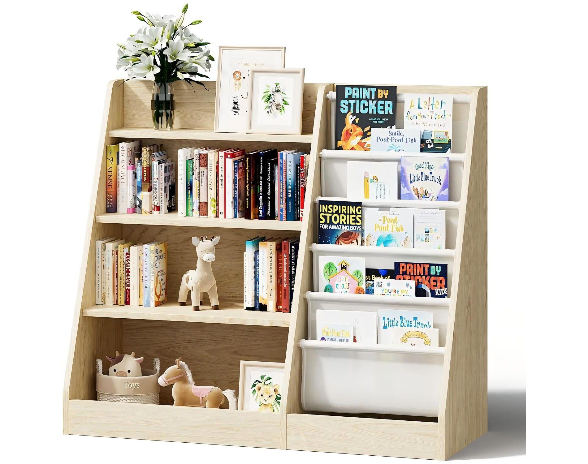 Vynxaria Bookshelf Series Wide White  Shelf Toddler Bookcase with Organizer Pockets