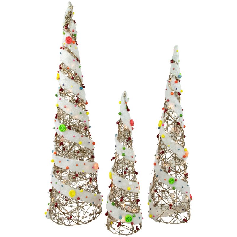 Northlight Set of 3 Lighted Champagne Gold Candy Covered Cone Tree Outdoor Christmas Decorations 40", 1 of 8